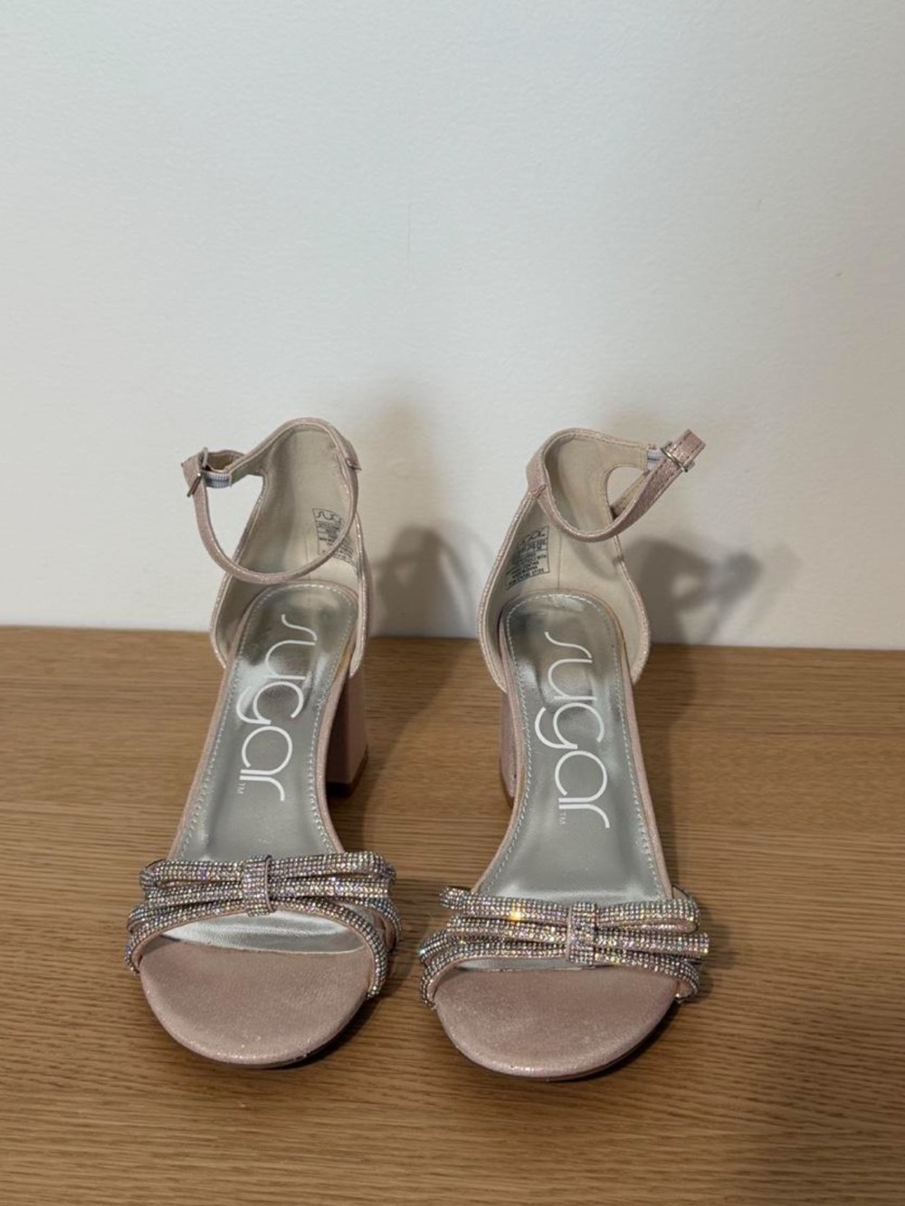 Sugar Blush Pink Rhinestone Bow Block Heel Sandals